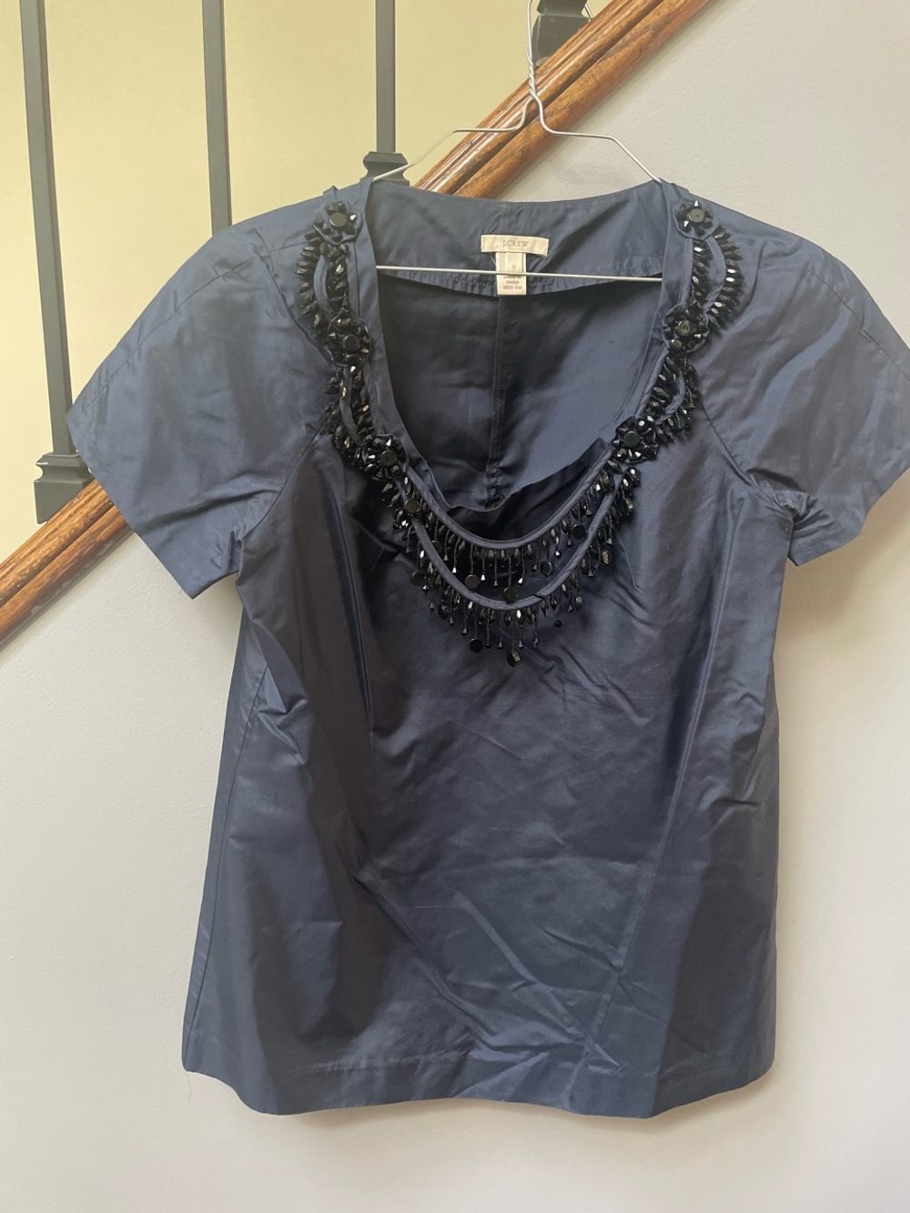 J. Crew Navy Short-Sleeve Beaded Neckline Top